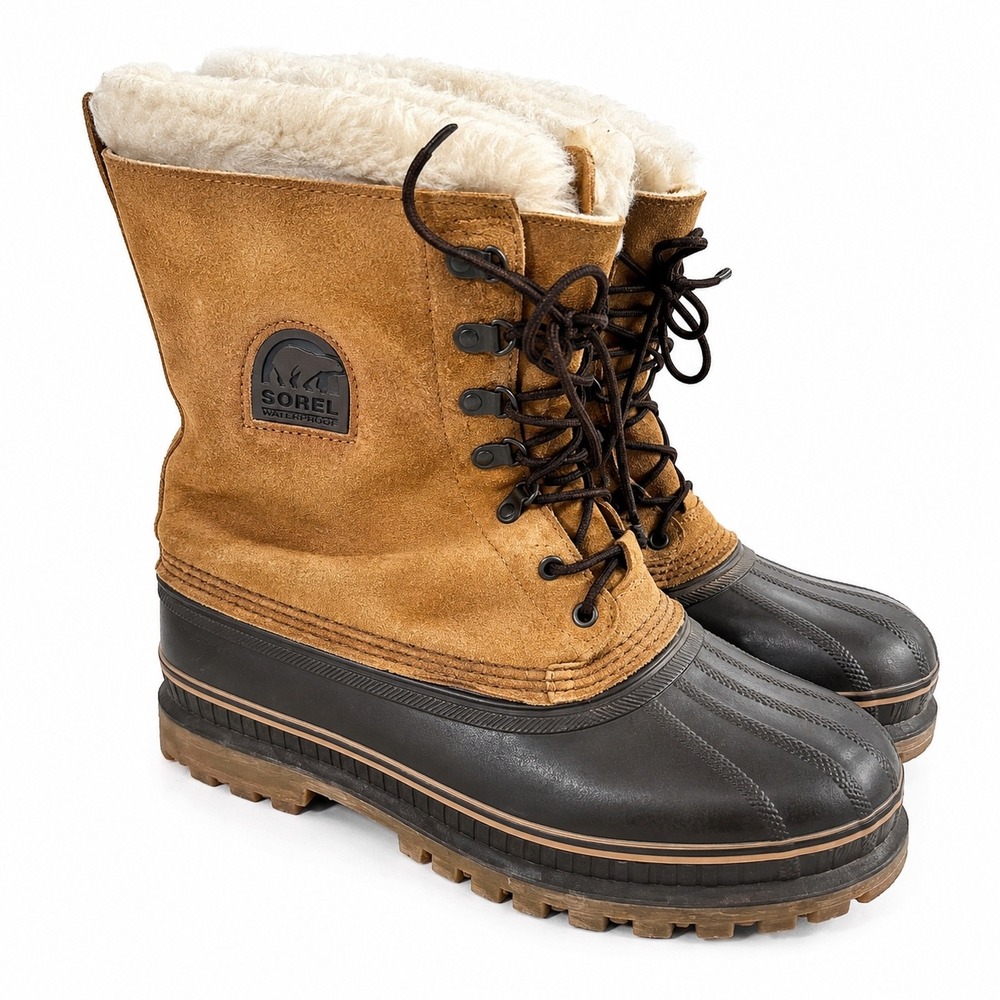 Vintage Sorel Caribou Mens 11 Winter Snow Boots Tan Suede Made Canada Waterproof